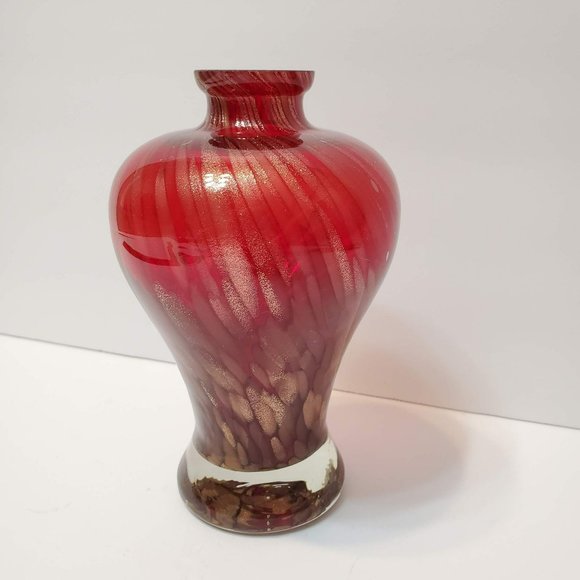 Red Gold Art Glass Bud Vase, Red Glass Vase with Gold Swirls, Valentines Gift - Picture 1 of 8